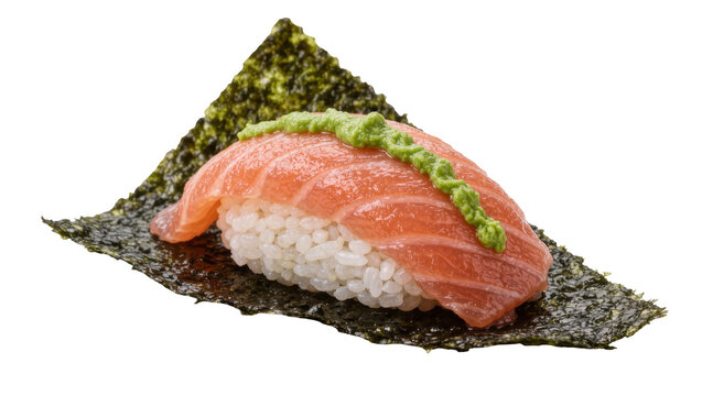 Salmon nigiri sushi with green wasabi paste on nori seaweed, isolated on transparent background