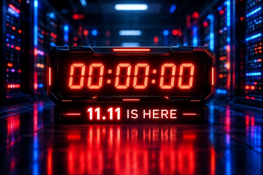 Digital countdown clock with 11.11 is here sign inside a server room,singles day