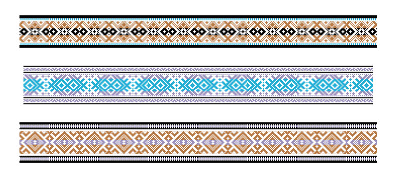 Vector set features traditional Lithuanian ornamental border bands paired with standalone diamond-shaped folk symbol logos, ideal for cultural, ethnic and folk-themed design projects