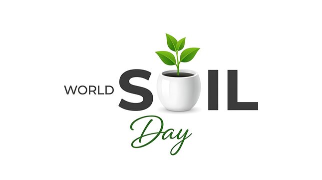 World soil day typography with a small green plant sprout growing in a white ceramic pot environment conservation agriculture