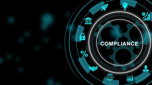 Digital compliance concept animation featuring rotating mechanical gears and futuristic hud interface representing corporate governance, regulatory standards, data security, and business ethics