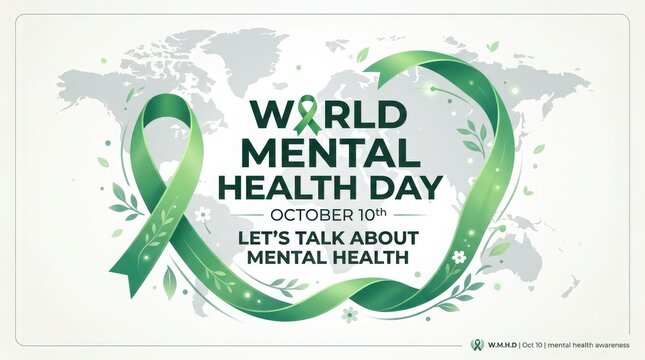 World mental health day banner with green ribbon and world map background