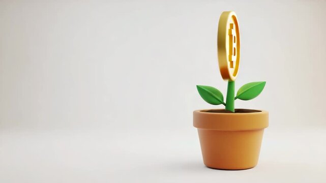 Bitcoin coin growing from a plant pot symbolizing cryptocurrency investment, financial growth, digital assets and wealth development