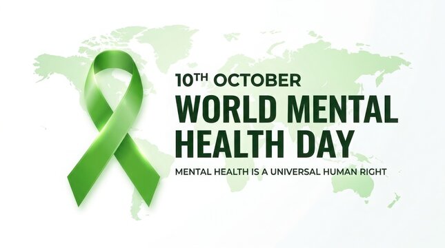 World mental health day 10th october with green ribbon and world map background