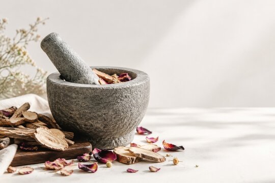 Stone mortar and pestle with dried mandrake roots and petals, herbal apothecary still life