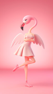 Elegant Pink Flamingo Woman in Dress Balancing on One Leg