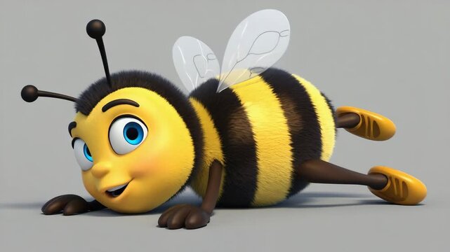 Cute 3D bee character lying on the ground with wings and striped body, playful insect mascot concept