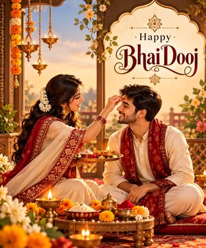 Indian sister applying traditional tilak to brother during bhai dooj festival