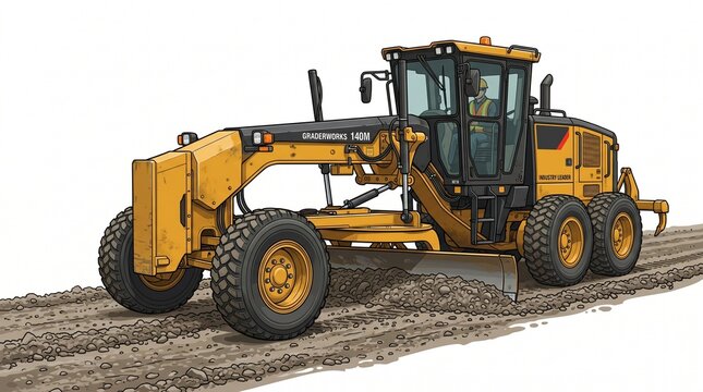 Heavy Duty Yellow Motor Grader Performing Road Leveling and Grading Work on a Dirt Construction Site