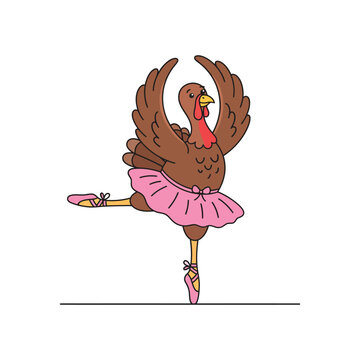 Turkey performing ballet dance pose wearing a pink tutu and pointe shoes, cute vector illustration for Thanksgiving design