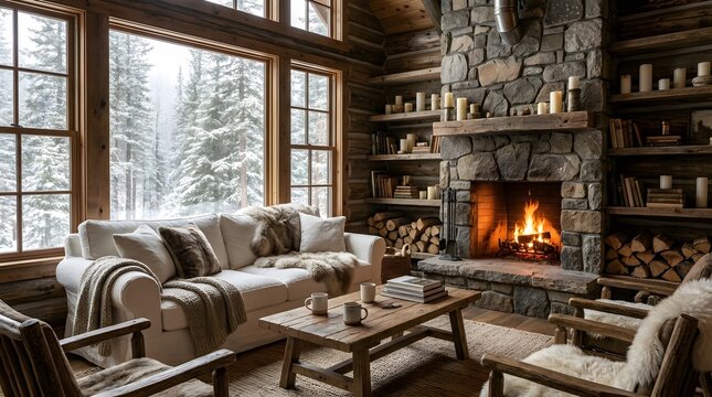 Warm winter cabin interior with a cozy fireplace and snowy forest view