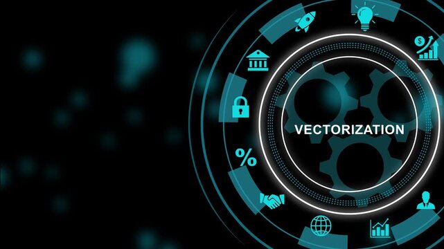 Dynamic vectorization concept featuring rotating industrial gears and futuristic digital interface for advanced software development, and modern technology business presentations