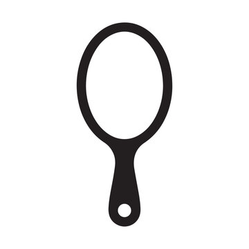 A simple black silhouette icon of a handheld oval mirror isolated on a plain white background for design