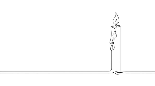 Minimalist continuous line art drawing of a single tall lit candle on a flat surface with minimalist continuous background interior