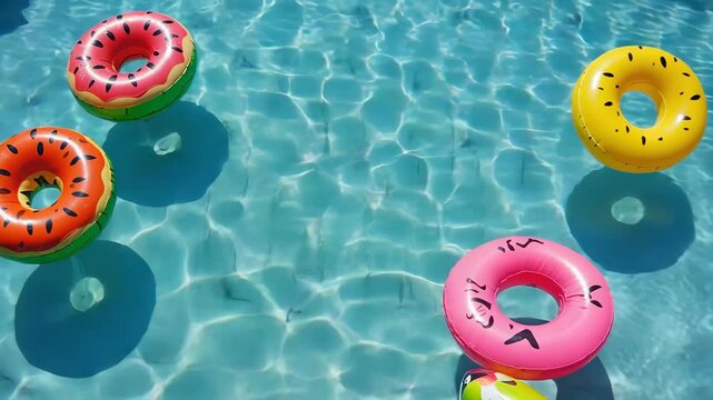 Colorful Inflatable Pool Rings Floating on Clear Swimming Pool Water in a Bright Summer Vacation and Leisure Setting