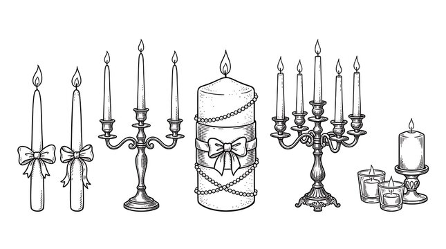 Black and white line art set featuring various decorative candles and ornate candle holders candlestick candelabra illustration