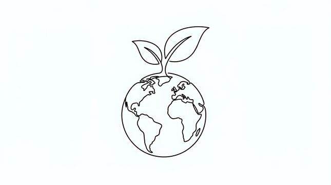 Minimalist continuous line drawing of a globe with a small sprout growing out of the top environment minimalist illustration