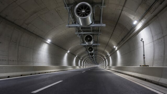 Tunnel ventilation system inspection - an empty road carriageway with ceiling jet fans