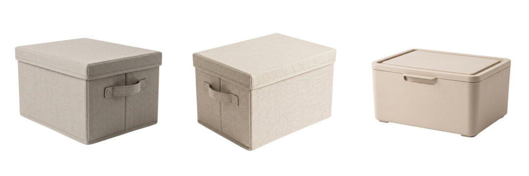 Three storage boxes with lids and handles in beige and cream colors isolated on a transparent background