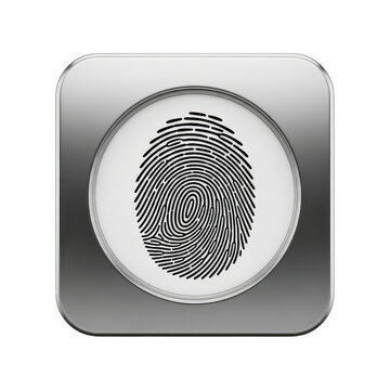 Secure fingerprint scan icon inside metallic square button for biometric security tech concept