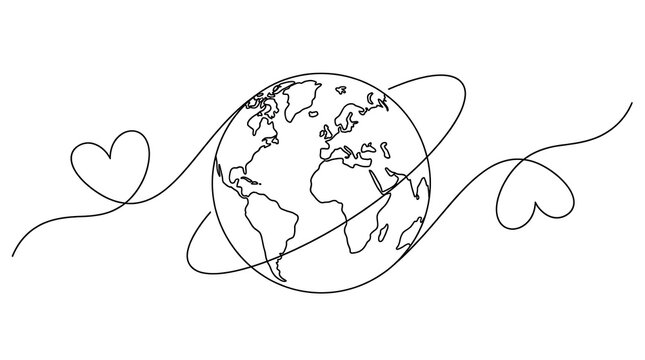 Continuous line art drawing of the planet earth with an intertwined heart shape path encircling the globe minimalist continuous
