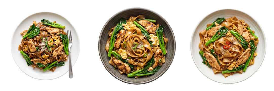 Three plates of Pad See Ew with chicken and green vegetables isolated on a transparent background food