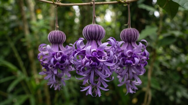 Three hanging purple tropical Petrea volubilis flowers blooming in a lush green natural garden setting
