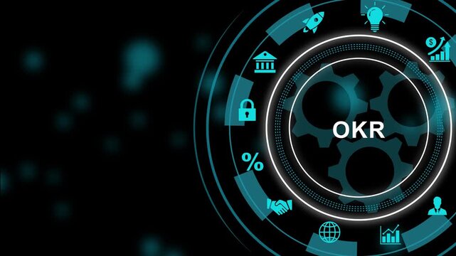 Dynamic okr objectives and key results business strategy concept with rotating digital gear mechanism and corporate management for performance tracking and organizational growth presentations