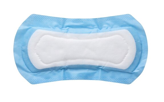 Blue sanitary pad with white absorbent core shown isolated