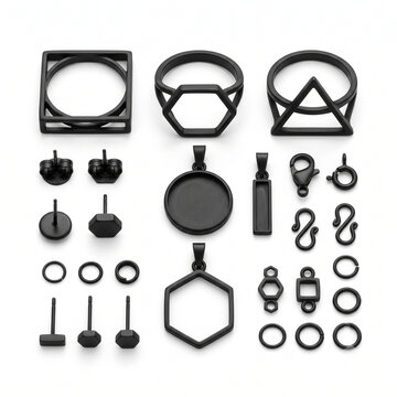 Matte Black Geometric Jewelry Findings in a Minimalist Style with Bright Studio Lighting in a Flat Lay Format for DIY Crafting and E-commerce Display.