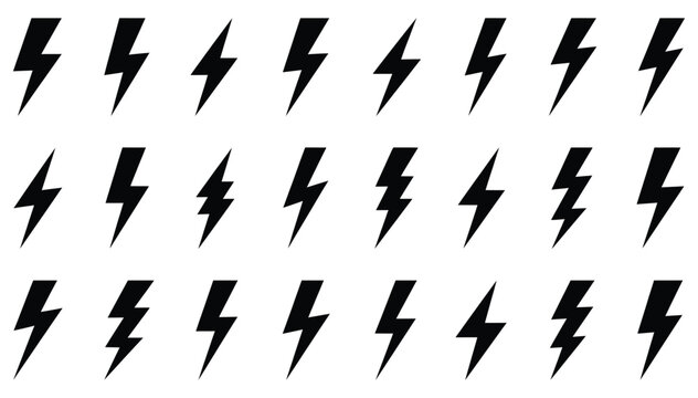 Lightning bolt icon. Flash symbol, thunderbolt, blitz lightnings strike sign. Electric energy black silhouettes, power concept. Vector isolated dynamic sports logo set. Outline design