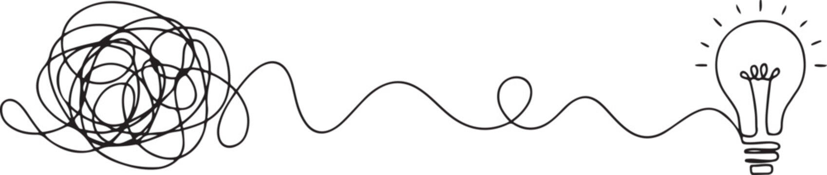 Tangled and scribble wires with light bulbs in One continuous line drawing. Concept of complex problem solving process and Clarifying idea in simple linear style. one line art icon drawing