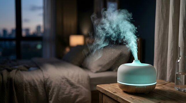 Modern Essential Oil Diffuser Emitting Cool Mist in Bedroom at Night
