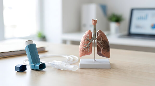 COPD respiratory care with inhaler and lung function test equipment on a desk