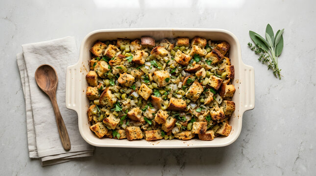 Top view of homemade herb bread stuffing in a ceramic baking dish. Fresh holiday dressing with sage and thyme on marble table