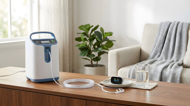 Home oxygen concentrator machine with nasal cannula and pulse oximeter on table. Medical equipment for respiratory therapy indoors