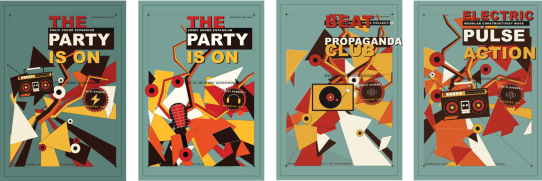 Retro constructivist party poster template vector set, abstract vintage propaganda music flyer art design, geometric event banner collection