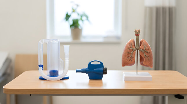 Respiratory rehabilitation equipment for COPD breathing exercises on medical desk