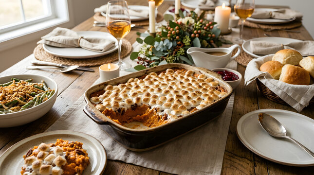 Sweet potato casserole holiday dinner side dish. Baked marshmallow topping on a festive dining table