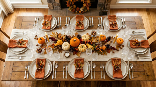 Thanksgiving dinner table setting with pumpkins and autumn leaves. Festive dining room decorated for fall holidays