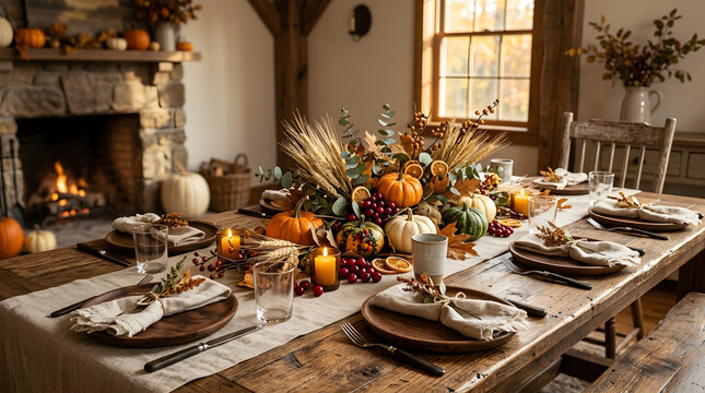 Thanksgiving dinner table setting with pumpkins and candles. Festive autumn holiday feast with roasted food and rustic decor