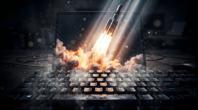 Rocket launch blasting off from a computer screen with smoke and fire over a keyboard symbolizing digital startup growth