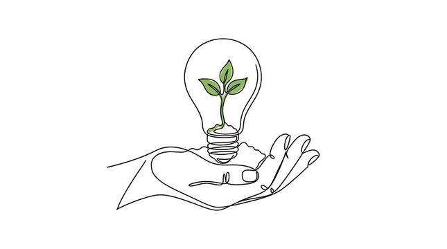 Continuous line drawing of human hand holding lightbulb with green sprout inside lightbulb environment innovation sustainability