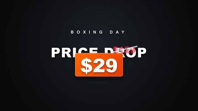 Premium 3D Boxing Day retail sale animation featuring a dramatic price drop, red original price, and orange discount box for ecommerce and web advertising.