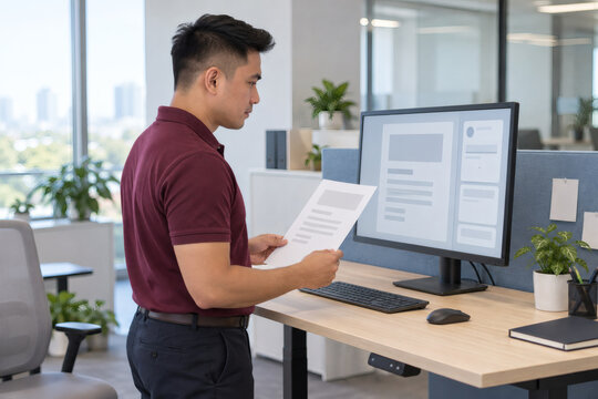 HR specialist comparing a printed role profile with an AI drafted job description