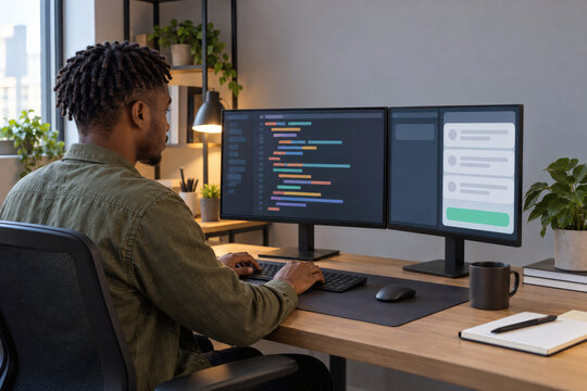 Software developer reviewing AI code suggestions shown as abstract colored blocks