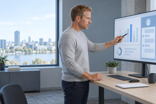 Operations manager pointing at one bar of an AI summarized weekly report at a standing desk