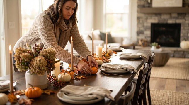 Woman arranging autumn centerpiece with pumpkins and candles on rustic dining table centerpiece pumpkins