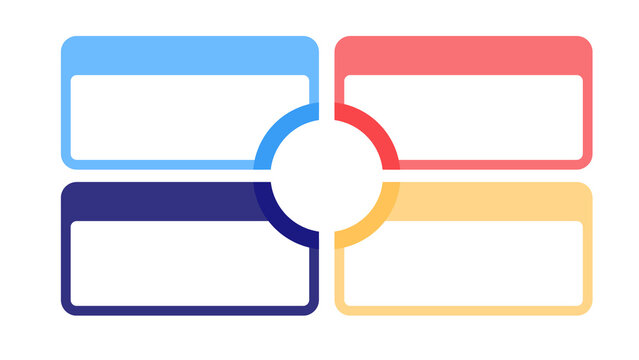 Four section grid diagram with colorful rounded rectangular windows for business presentation slides and creative project infographic layout