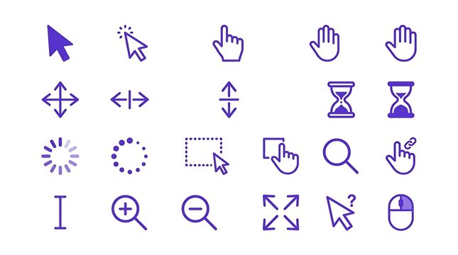 Set of purple computer mouse cursor and interaction icon symbols for user interface design